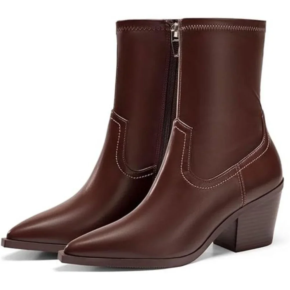 Womens Pointed Toe Ankle Boots Chunky Stacked Heel Side Zipper Leather - Picture 7 of 7